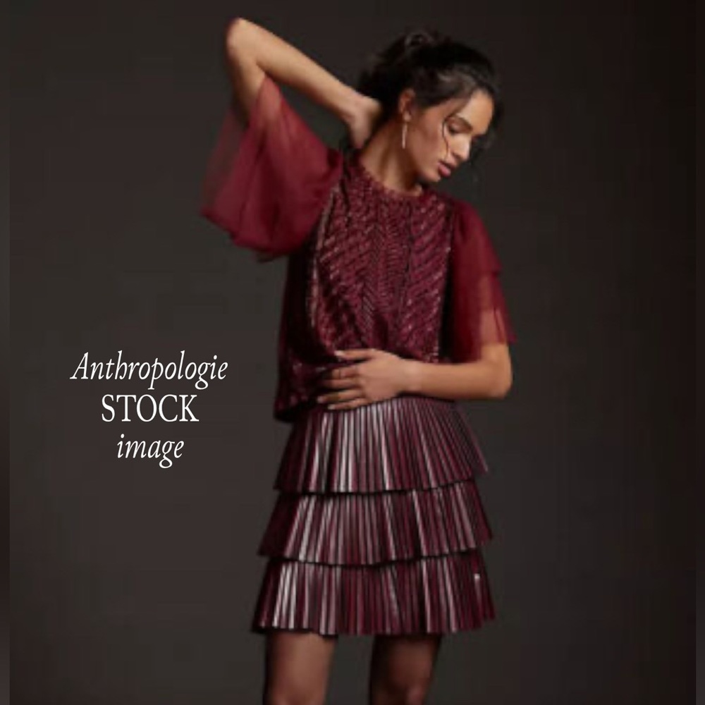 Anthropologie Burgundy Sheer-Sleeve Beaded Top